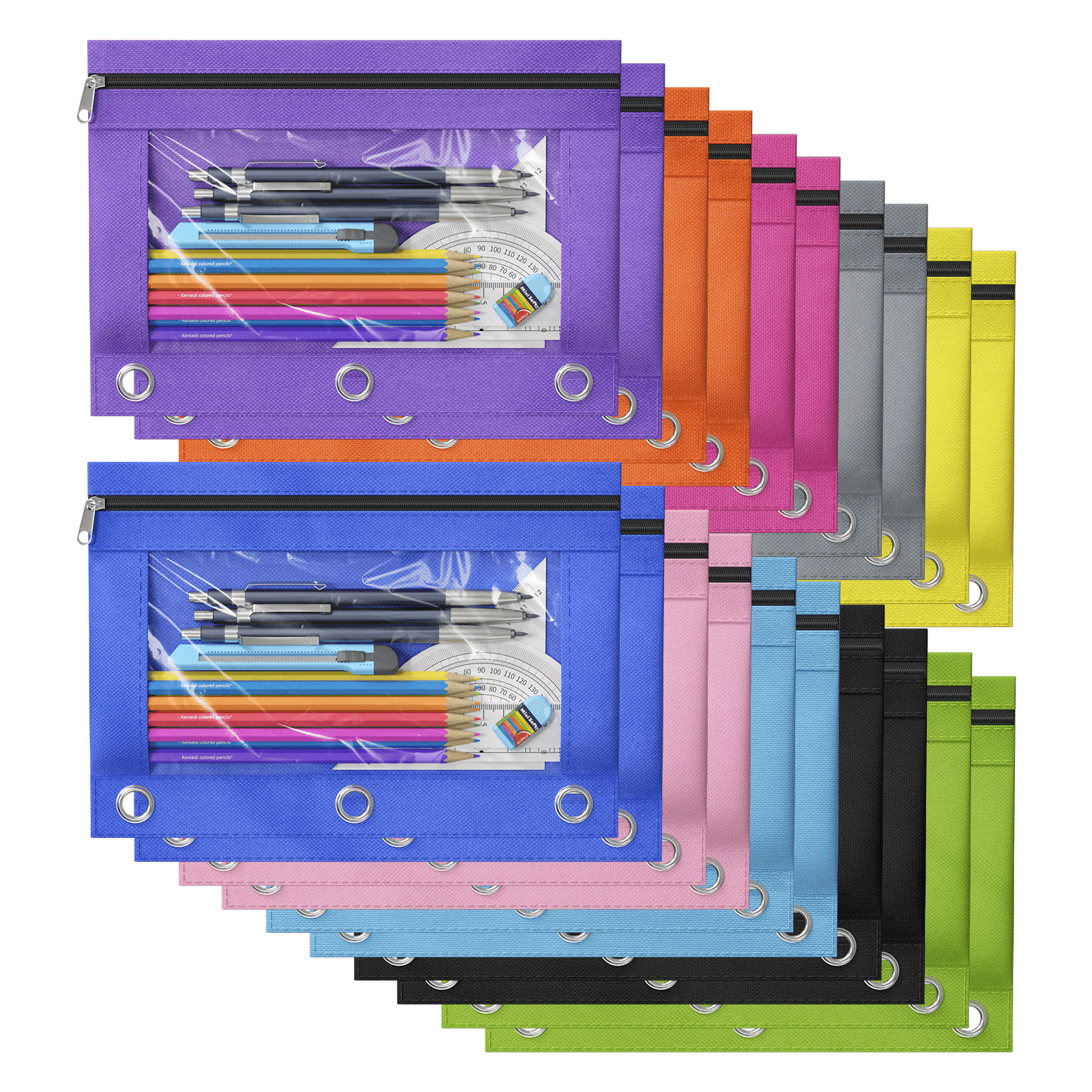 DoDoMagxanadu 3 Ring Binder Pencil Pouch with Zipper, Pencil Case with Rivet Enforced 3 Ring for School Supplies, 20 pack Clear Window Pencil Bag for Binder