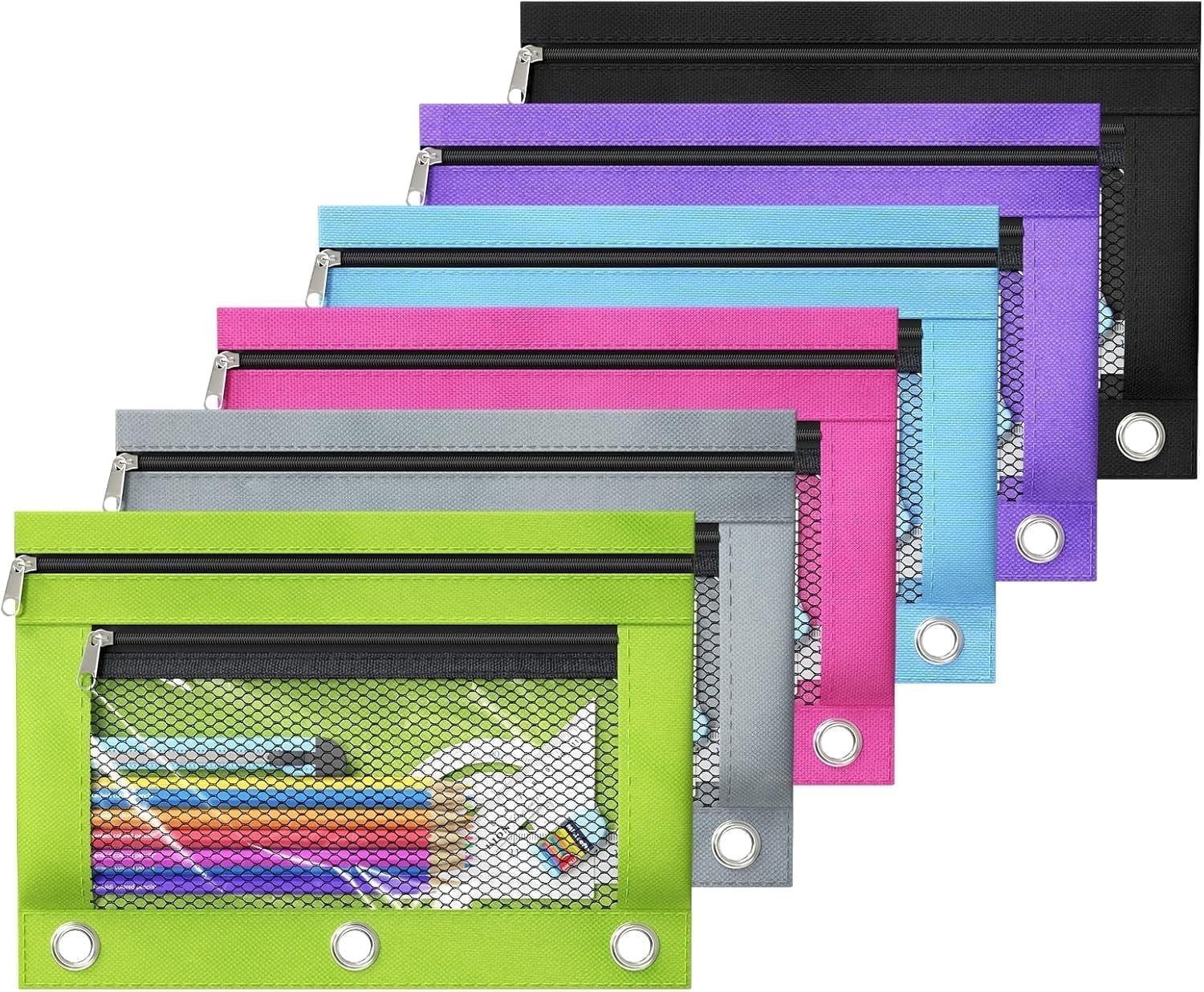 DoDoMagxanadu 6 Pack Pencil Pouch for 3 Ring Binder,Binder Pencil Pouch with Zipper,3 Ring Pencil Case with Clear Window,Big Capacity Pencil Bag for Office School College Supplies
