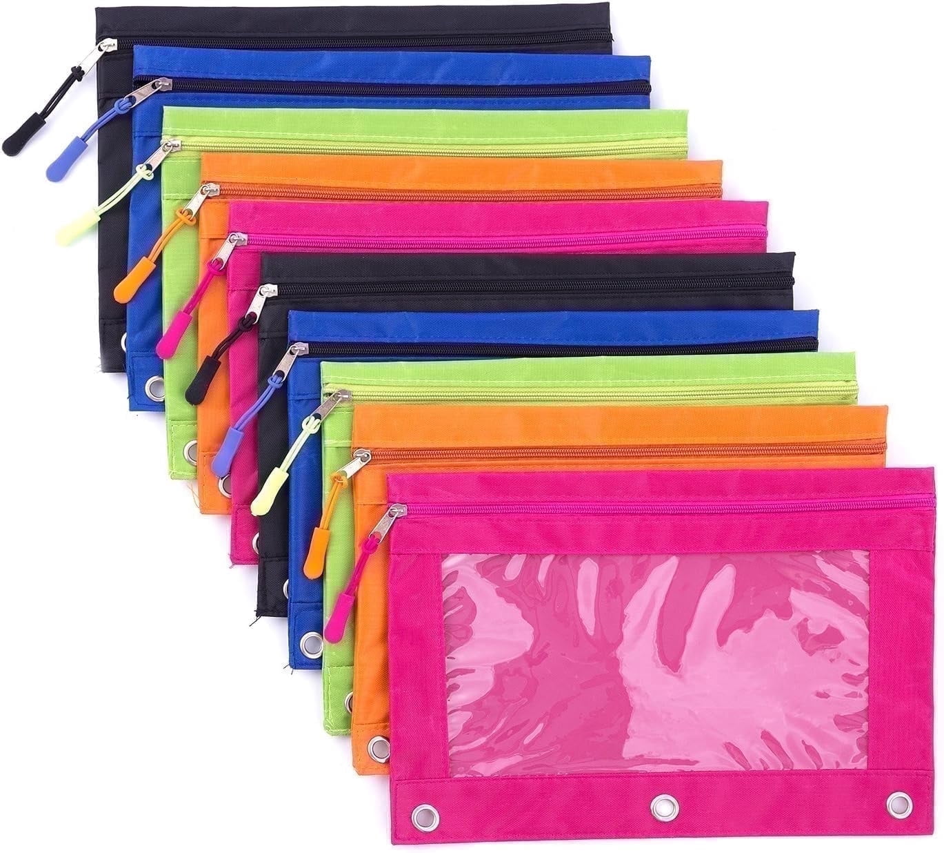 DoDoMagxanadu 3 Ring Binder Pencil Pouch with Zipper, Pencil Case with Rivet Enforced 3 Ring for School Supplies, 10 Pack 5 Colors