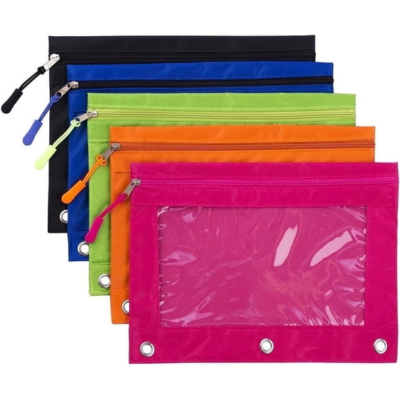 DoDoMagxanadu 3 Ring Binder Pencil Pouch with Zipper , Pencil Case with Rivet Enforced 3 Ring for School Supplies, 5 Pack 5 Colors