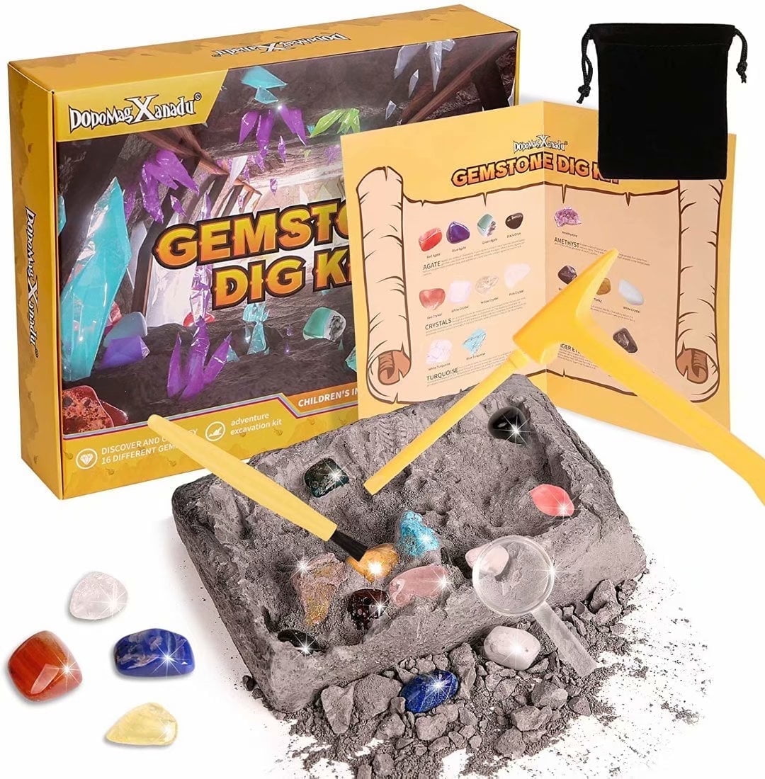 DoDoMagxanadu Gemstone Dig Kit, 16 Real Gem Excavation Kit Dig up 16 Real Gems Stones Mega Gems, STEM Science Kits Excavate Toys for Girls Boys