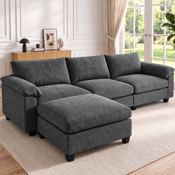 DoMaDing 109" Cloud Sectional L Shaped Sofa with Ottoman, Chenille Modular Couch for Living Room, Dark Gray