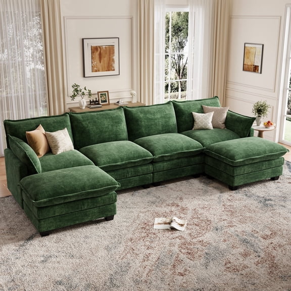 DoMaDing U Shaped Modular Sectional Sofa, 116" Couch with Movable Ottoman, Comfy Chenille Sofa with Pillows for Living Room, Sturdy Frame, Green