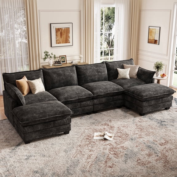 DoMaDing U Shaped Modular Sectional Sofa, 116" Couch with Movable Ottoman, Comfy Chenille Sofa with Pillows for Living Room, Sturdy Frame, Black