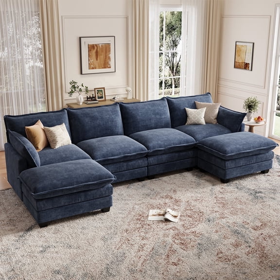 DoMaDing U Shaped Modular Sectional Sofa, 116" Couch with Movable Ottoman, Comfy Chenille Sofa with Pillows for Living Room, Sturdy Frame, Blue