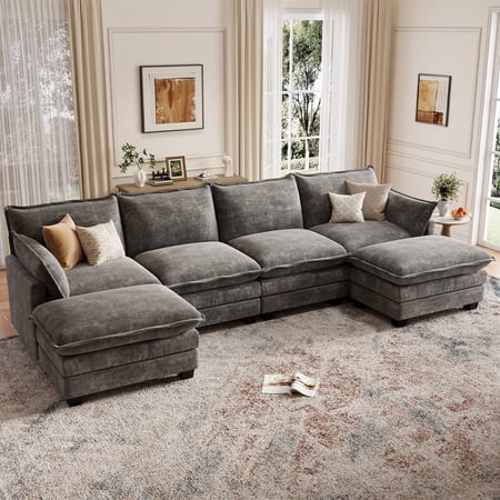 DoMaDing U Shaped Modular Sectional Sofa, 116" Couch with Movable Ottoman, Comfy Chenille Sofa with Pillows for Living Room, Sturdy Frame, Dark Gray
