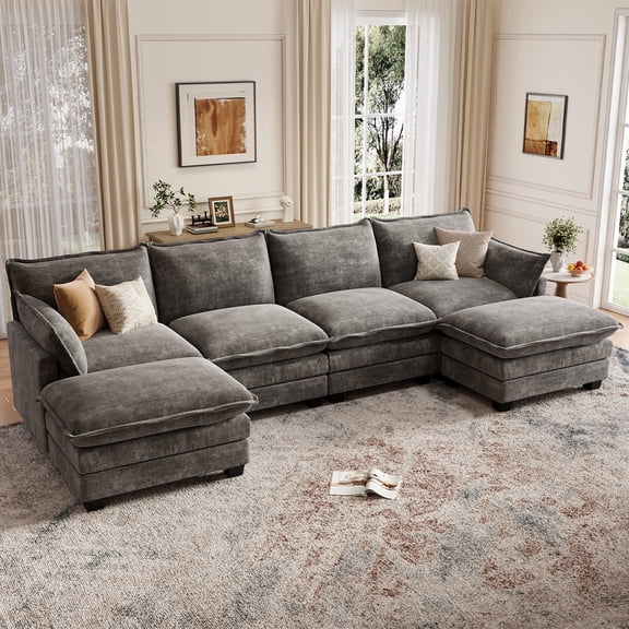 DoMaDing U Shaped Modular Sectional Sofa, 116" Couch with Movable Ottoman, Comfy Chenille Sofa with Pillows for Living Room, Sturdy Frame, Dark Gray