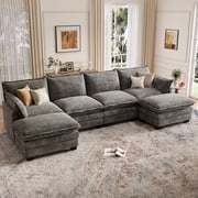 DoMaDing U Shaped Modular Sectional Sofa, 116" Couch with Movable Ottoman, Comfy Chenille Sofa with Pillows for Living Room, Sturdy Frame, Dark Gray
