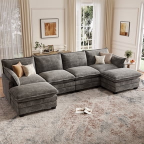DoMaDing U Shaped Modular Sectional Sofa, 116" Couch with Movable Ottoman, Comfy Chenille Sofa with Pillows for Living Room, Sturdy Frame, Dark Gray