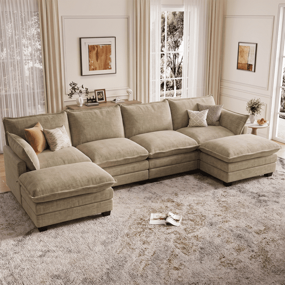 DoMaDing U Shaped Modular Sectional Sofa, 116" Couch with Movable Ottoman, Comfy Chenille Sofa with Pillows for Living Room, Sturdy Frame, Light Yellow