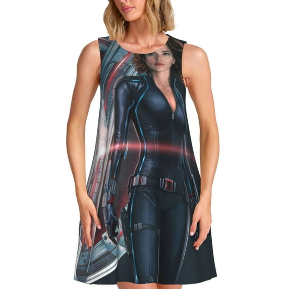 Doayai Black Widow 2 Print Summer Dresses for Women,Women's Sleeveless Dress,Beach Tshirt Tank Sundresses,Women's Summer Tank Midi Dress with Pockets,Tank Loose Sundress