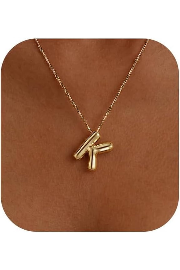 Bubble Gold Letter Necklace For Women, 14K Gold Plated Balloon Initial Letter Pendant Necklace Dainty Charm Initial Necklaces For Women Trendy Chunky Custom Name Necklace Gold Jewe[o101]