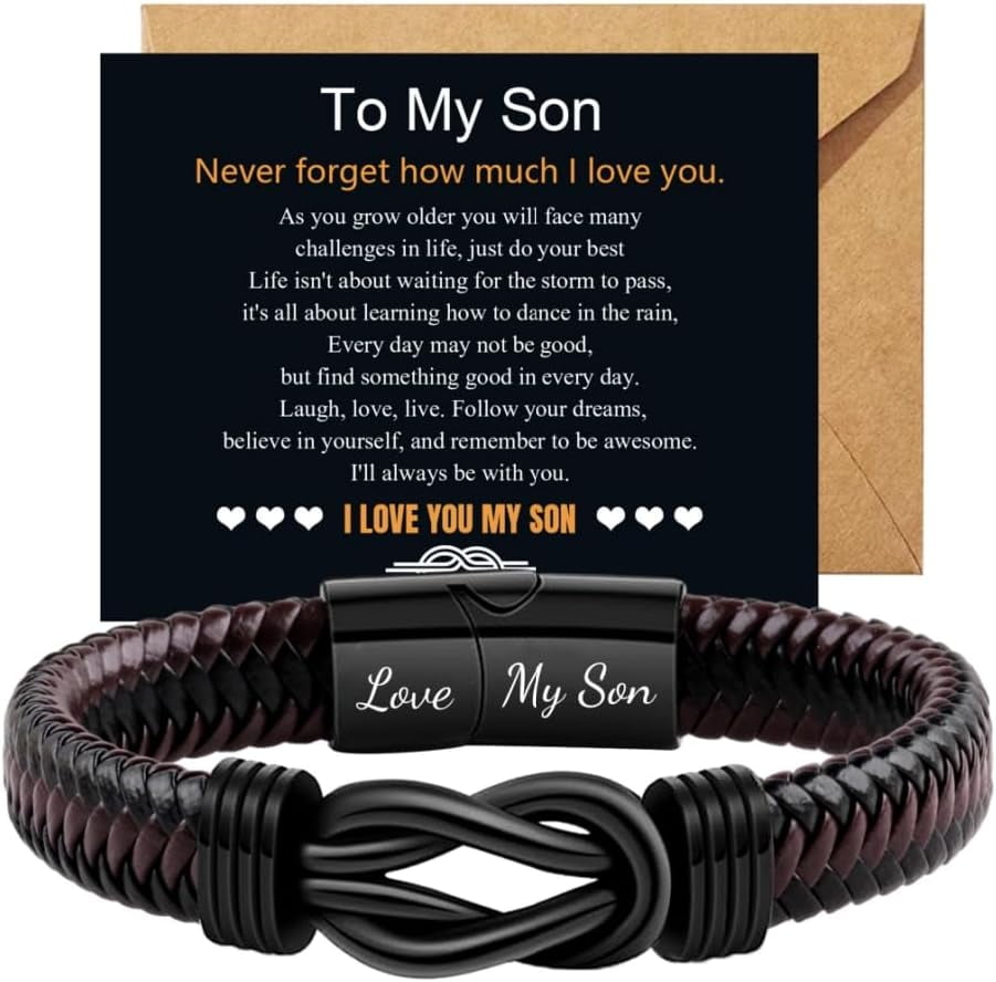 Matty's Charms Men's Knot Bracelet – 2-Strand Black Leather Braids, Stainless Steel Infinity & Engraved Bar