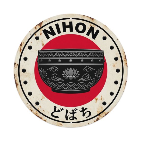 Dobachi Bowl Gong Nihon Bronze Sound Rustic Vintage Metal Tin Sign Plaque Wall Decor for Cafe, Club, Garden Round Metal Poster 8x8Inch