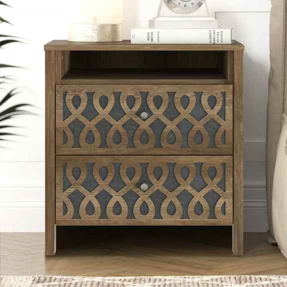 Galano Dobbin 2 Drawer Nightstand With Storage - Knotty Oak With Gray Stone