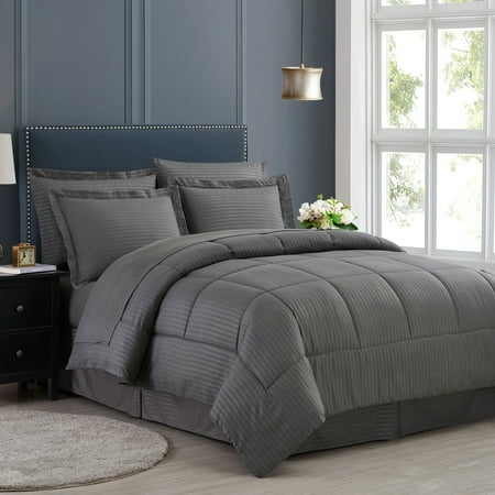 Dobby Stripe Bed In A Bag 8 Piece Comforter Sheet Bed Skirt Sham Set Queen - Gray