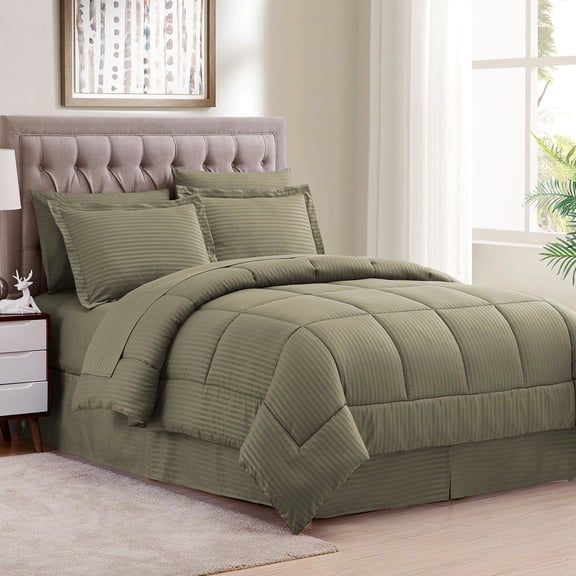Dobby Stripe 8 Piece Bed in a Bag Bedding Set Includes Bed Sheets and Bed Skirt, Queen - Sage