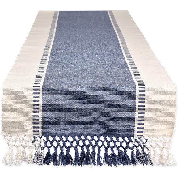 Dobby Stripe Table Runner, 13x72, French Blue & Cream Background, Woven Decorative Table Linen