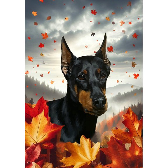 Doberman Black/Tan Cropped - Best of Breed Fall Leaves Outdoor Garden Flag 12" x 17" Mailbox Flag Dog Flag