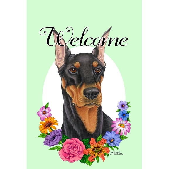 Doberman Black/Tan Cropped - Best of Breed Welcome Flowers Garden Flags
