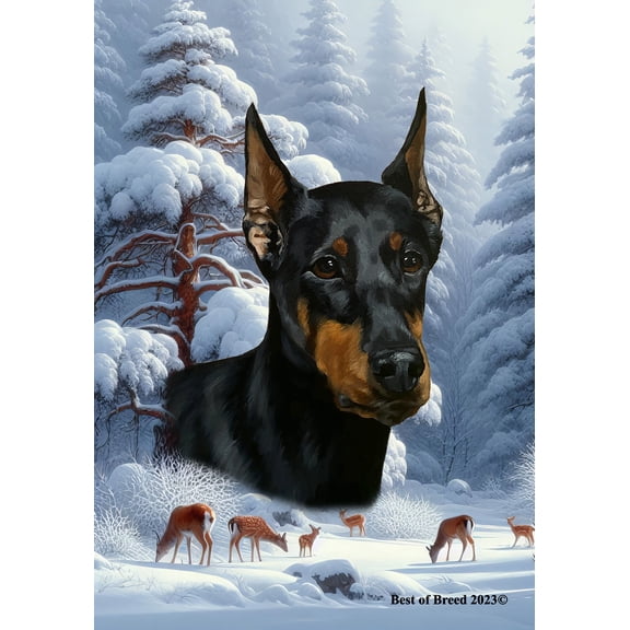 Doberman Black/Tan Cropped - Best of Breed Winter Wonderland Garden Flag