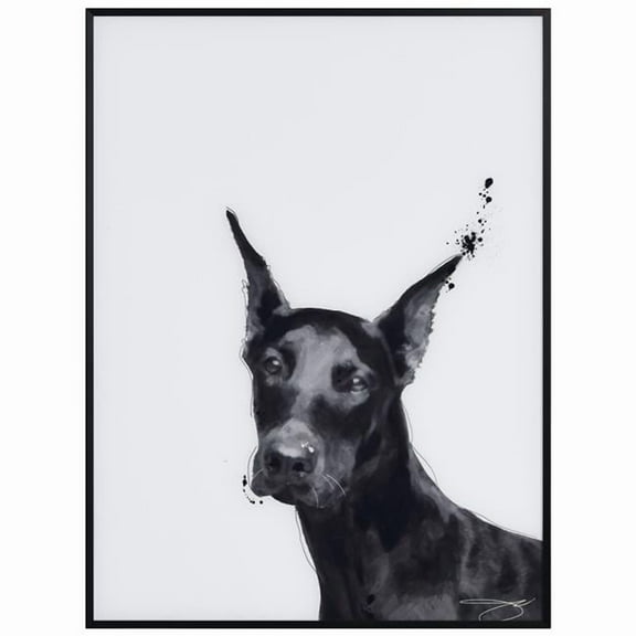 "Doberman" Black and White Pet Paintings on Printed Glass Encased with a Gunmetal Anodized Frame