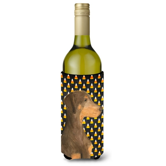 Doberman Candy Corn Halloween Portrait Wine Bottle Hugger