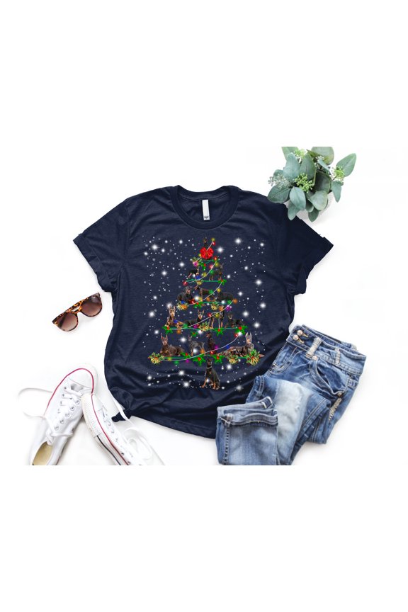 Doberman Christmas Tree T-Shirt, Funny Dog Lover Gift, Dobie Dog Christmas Lights Shirts, Christmas Shirts for Women Men