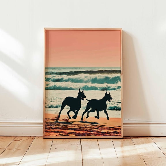Doberman Dog Beach Illustration Pet Wall Art Coastal Animal Decor, Unframed Poster