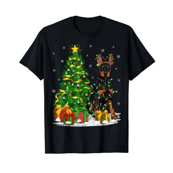 Doberman Dog Lover Matching Xmas Lighting Doberman Christmas T-Shirt