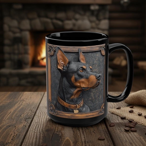Doberman Dog Mug, Rustic Wood Style Dog Owner Coffee Cup, Animal Lover Gift, Cute Puppy Pet Decor 15oz Ceramic Mug , Unique Canine Art Gift