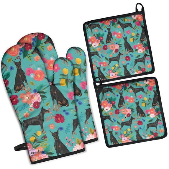 Doberman Dog Pattern with Flowers Kitchen Oven Mitt and Pot Holder Sets 4 Pcs for Baking, Cooking and Grilling, Heat Resistant Up To 392 °F