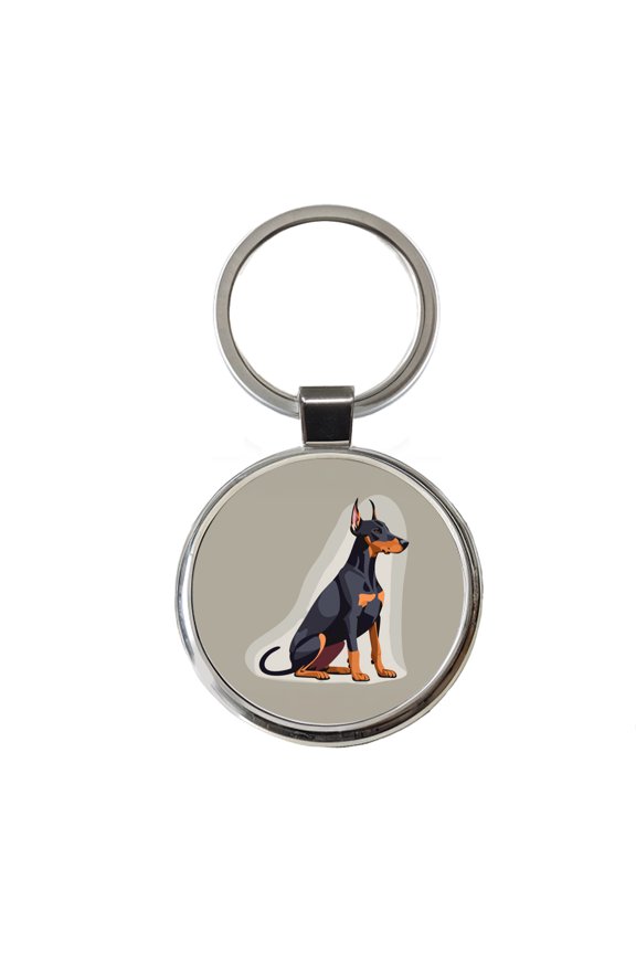 Doberman Dog Sitting Metal Round Keychain