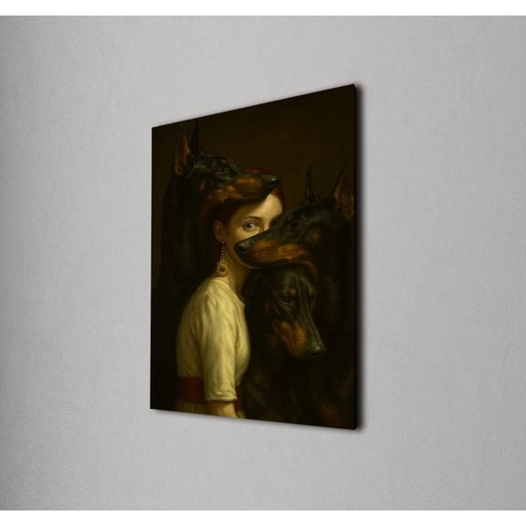 Doberman Dog Wall Art, Gothic Woman Portrait, Dark Pet Lovers Decor, Surreal Animal, Mysterious Gothic Home Artwork Poster Decor, Size 24x36 UNFFRAMED F03.1.8l1627