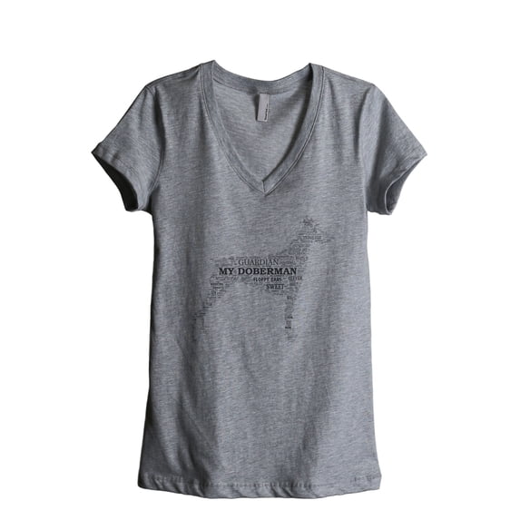 Doberman Dog Word Cloud Women's Fashion Relaxed V-Neck T-Shirt Tee Heather Grey Medium