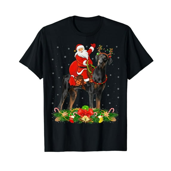 Doberman Dog Xmas Funny Santa Riding Doberman Christmas T-Shirt