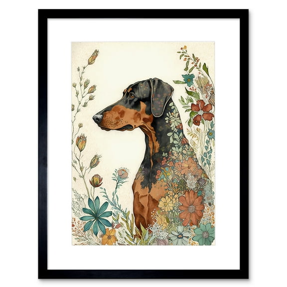 Doberman Dog with Spring Flowers Colourful Watercolour Illustration Artwork Framed Wall Art Print 9X7 Inch