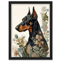 Doberman Dog with Wild Flowers Boho Watercolour Illustration Artwork Framed Wall Art Print A4