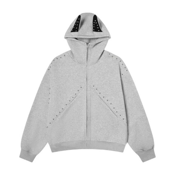 Doberman Ear Hoodie Jacket – Studded Patchwork Cropped Zip-Up Hooded Coat, Streetwear Fashion Outerwear, Trendy Rivet Design, Fall Winter Layering Top, Casual Daily Wear
