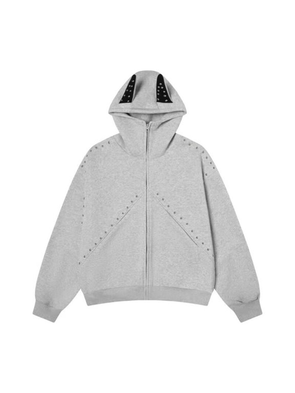 Doberman Ear Hoodie Jacket – Studded Patchwork Cropped Zip-Up Hooded Coat, Streetwear Fashion Outerwear, Trendy Rivet Design, Fall Winter Layering Top, Casual Daily Wear