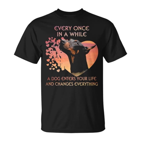 Doberman Graphic Cotton Tee for Adults – Unisex Dog Lover T-Shirt with 'Every Once in a While a Dog Enters Your Life' Quote, Casual Comfortable Everyday Wear, Size 2XL, Color Black