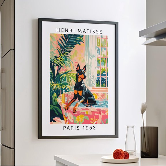 Doberman In Bathtub Bathroom Henri Matisse Artwork Maximalist Animal Decor Whimsy Dog, Unframed Poster