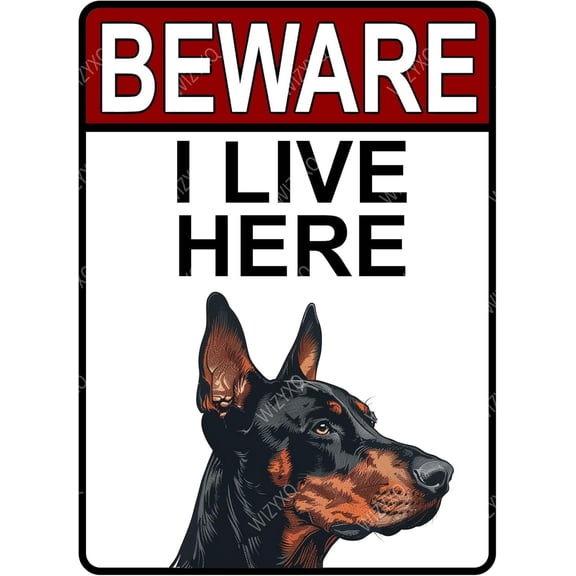 Doberman Metal Sign - Beware I Live Here Funny Gate Sign - Vintage Tin Aluminum Retro Wall Decor for Garden Yard Fence - 8x12 Inches