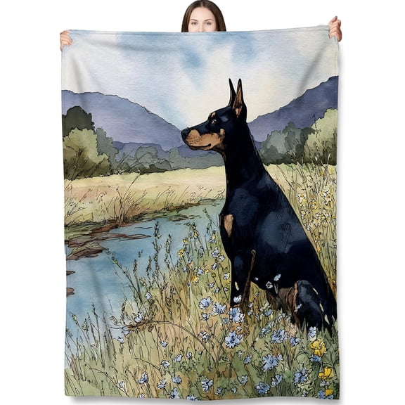 Doberman Nature Landscape Throw Blanket Gifts for Kids Women, Doberman Blankets for Couch, Bedroom, Living Room Home Decor, Fuzzy Warm Flannel Plush 50"x60"