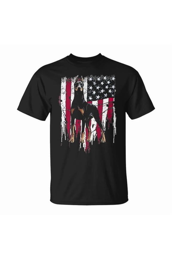 Doberman Pinscher American Flag USA Graphic Tee Unisex Adult Cotton Shirt for Dog Lovers and Patriotic Fans Casual Wear Gift, Size 3XL, Color Black