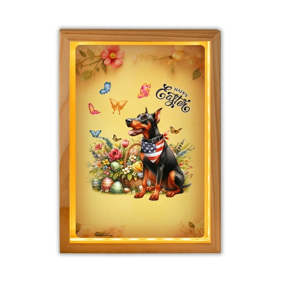 Doberman Pinscher Celebrates Spring and Enjoys a Happy Easter Acrylic Plaque with Wood Photo Frame Box Doberman Dog Lover Gifts Light Box - 02001