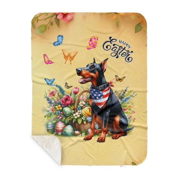 Doberman Pinscher Celebrates Spring and Enjoys a Happy Easter Cozy Sherpa Blanket Doberman Dog Lover Gifts Warm Soft Throw Blanket - 02001