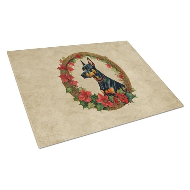 Doberman Pinscher Christmas Flowers Glass Cutting Board 12 in x 15 in