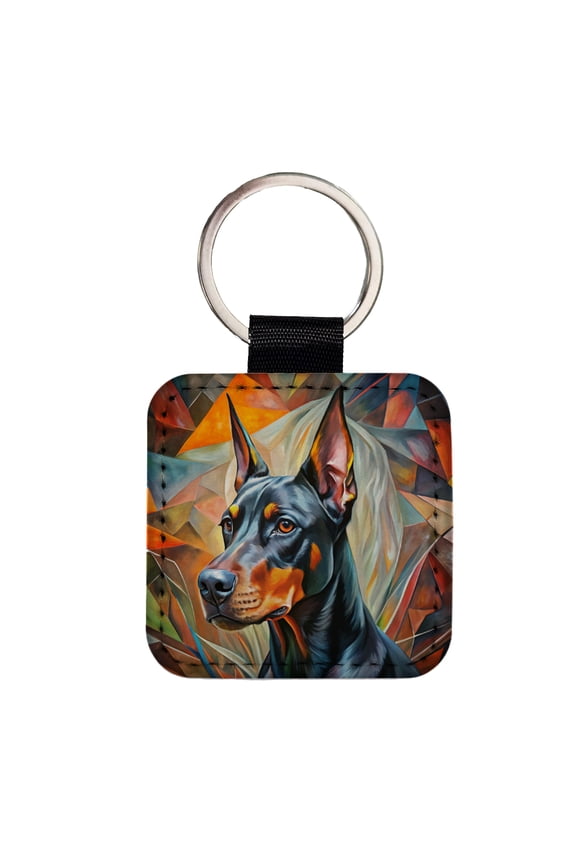 Doberman Pinscher Dog Abstract Art Faux Leather Square Keychain