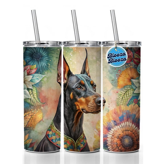 Doberman Pinscher Dog Bohemian Art 20oz Insulated Water Bottle Skinny Tumbler Includes Straw